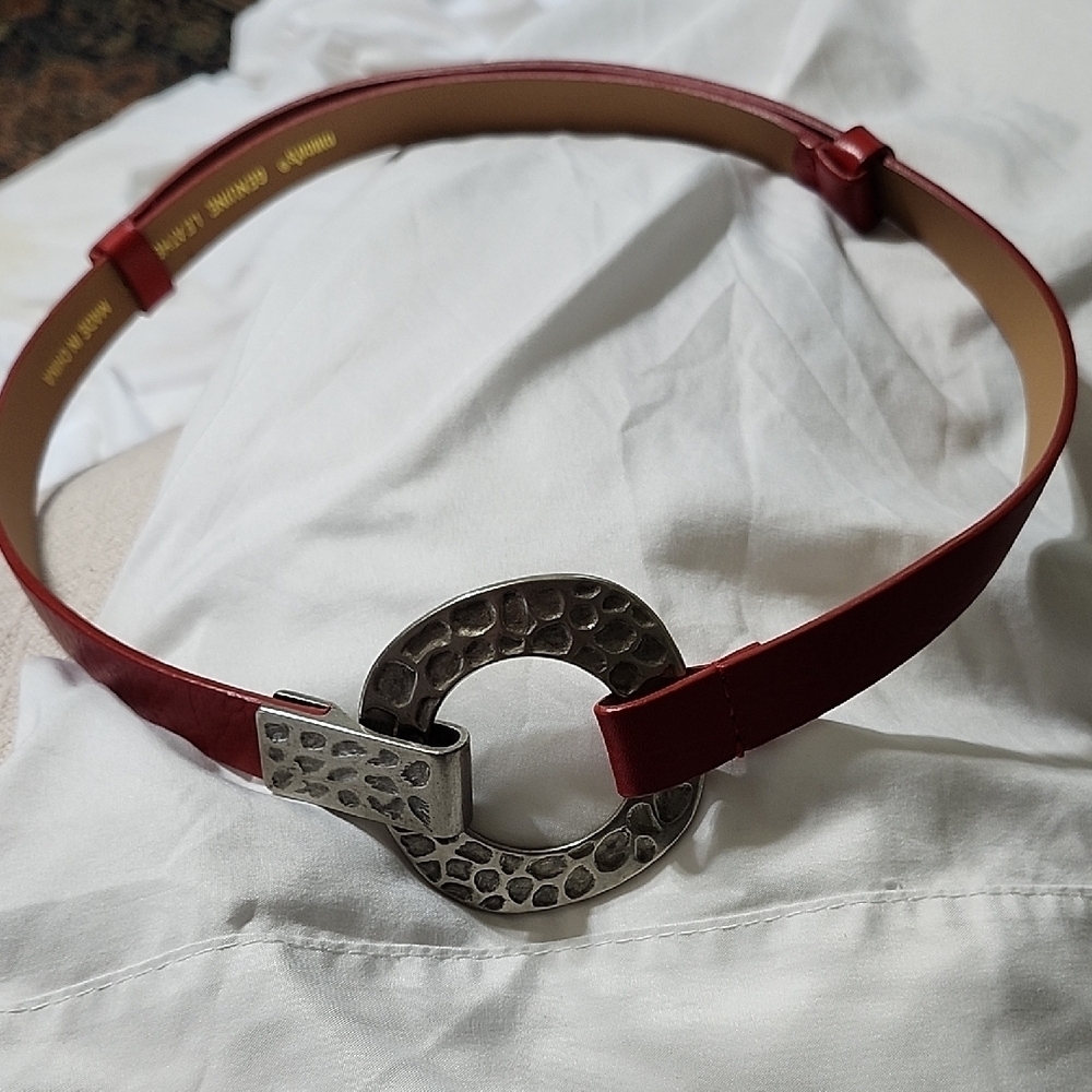 Chico's Silver Red Fashion Belt with Ornate Buckle